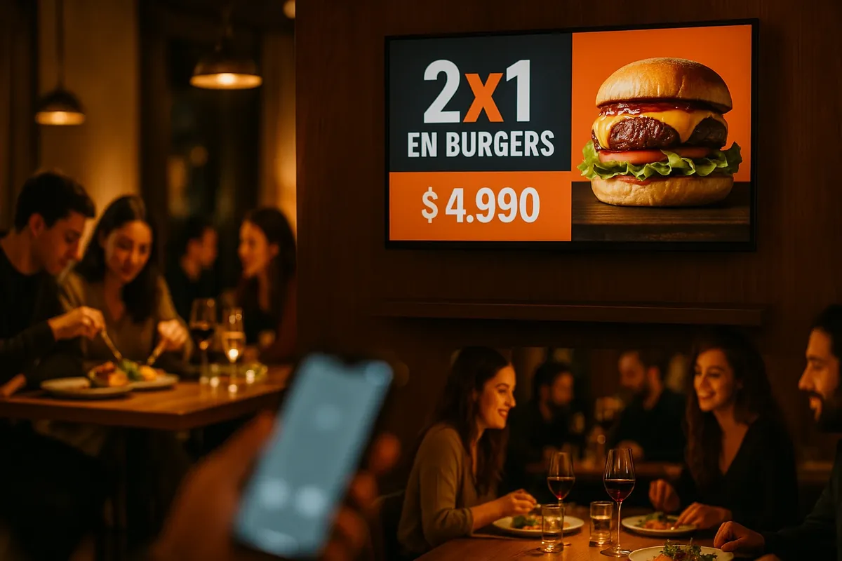 En un restaurante, actualizás desde el celular la promo 2x1 en burgers que se ve en la TV