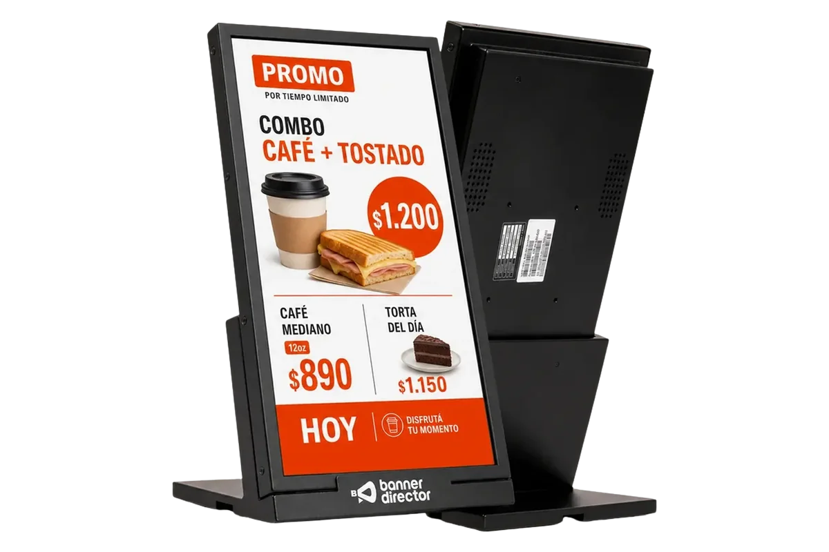 Digital Desk Display con cartelería digital y precios en pantalla