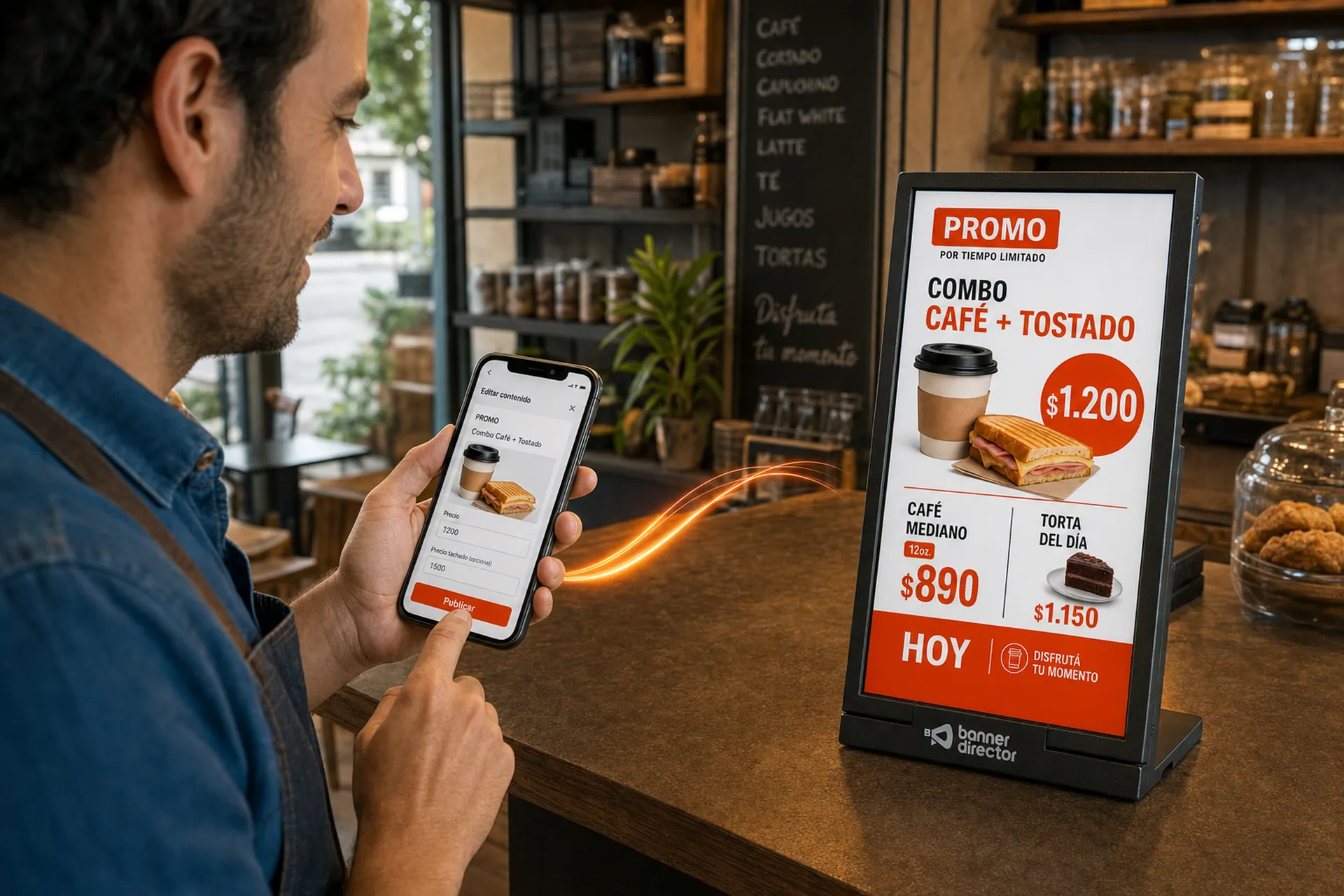 Persona publicando una promo desde el celular; el Digital Desk Display en el mostrador se actualiza al instante